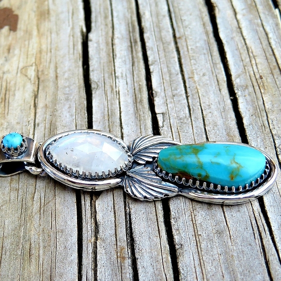 SOLD 925 Natural Kingman Turquoise & Rainbow Moonstone Statement Pendant NEW - Picture 5 of 7